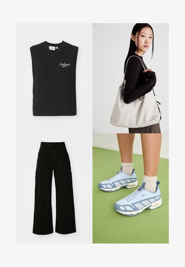 Carhartt WIP SIGNATURE - Jumper - black/wax; Black wide-leg cargo pants made of denim, featuring a high waist, front button closure, and side pockets. Smooth texture with minimal stitching.; Light blue athletic shoes with white accents, textured panels, and a zip closure. Features a visible air cushioning sole and rubber outsole.; Beige handbag made of soft material, featuring a slouchy design, stitched detailing, and two shoulder straps. Suitable for everyday use.