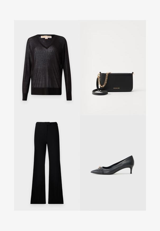 Musta, kevyt, V-pääntie neulepaita, jossa on pitkät hihat ja ribattu helma. Kangas näyttää hieman kuultavalta, sillä on pehmeä rakenne ja rento istuvuus.; Mustat levenevät housut, joissa on sileä pinta, muotoiltu vyötärö ja etutaskut, jotka on suunniteltu nykyaikaiseen ja sulavaan siluettiin.; Korkokenno musta nahkakengät matalalla korolla, joissa on teksturoitu hihna ja metallinen yksityiskohta edessä. Sileä pinta ja virtaviivainen muotoilu.; Mustharako nahkakäsi, jossa on kultaketju, sileä pinta ja kultalogo. Mukana säädettävä hihna monipuolisuuden vuoksi.; Kultaiset renkaat korvakorut kiiltävällä pinnalla, joissa on paksu, pyöreä muotoilu ja turvallinen sulkemismekanismi. Sujuva rakenne ja kiiltävä ulkonäkö.