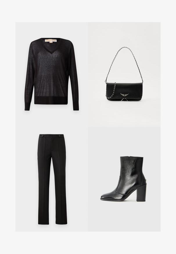Pulover negru, ușor, cu decolteu în V, cu mâneci lungi și tiv ondulat. Materialul pare ușor transparent, având o textură moale și un croi lejer.; Pantaloni negri croiți, cu un croi drept, două buzunare frontale, închidere cu nasture și detalii cu pliuri în față. Textură de țesătură netedă.; Botină din piele neagră, cu o textură netedă, vârf ascuțit și toc gros, înalt. Dispune de o deschidere laterală și un design minimalist.; Geantă de mână din piele neagră cu un lanț din argint, având accente decorative în formă de aripi și cusături albe de-a lungul cusăturii de jos.