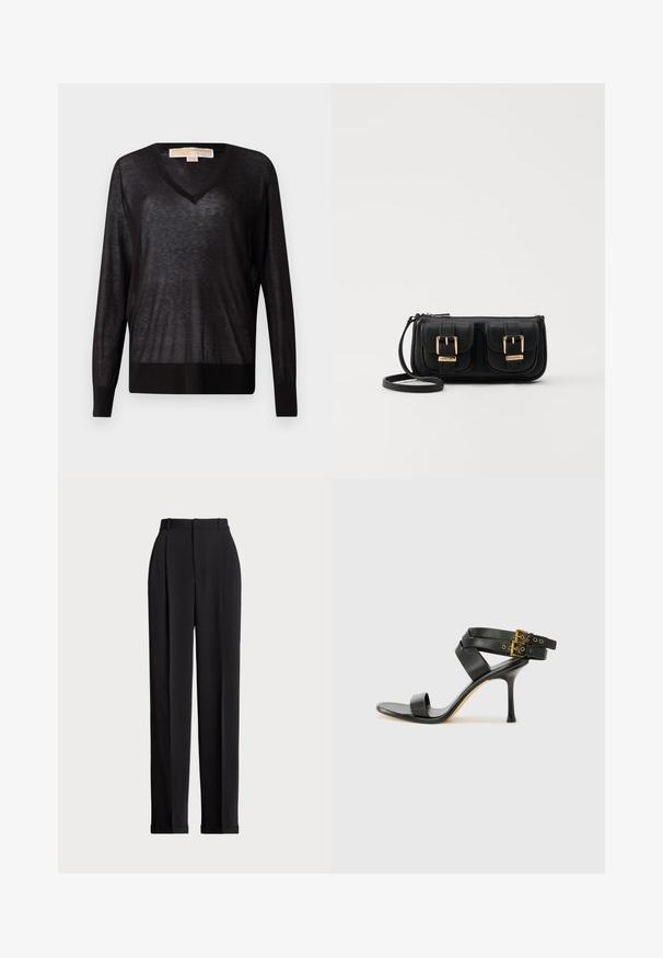Black, lightweight, V-neck sweater with long sleeves and ribbed hem. Fabric appears slightly sheer with a soft texture and a relaxed fit.; Black tailored trousers with a high waist, featuring pleats at the front, a straight leg design, and a cuffed hem. Made from smooth fabric.; Black heeled sandal with crossed straps and adjustable buckle. Features a smooth texture and tapered stiletto heel.; Black leather crossbody bag with two front pockets, gold buckles, zipper closure, and a slim strap. Textured surface and compact rectangular shape.