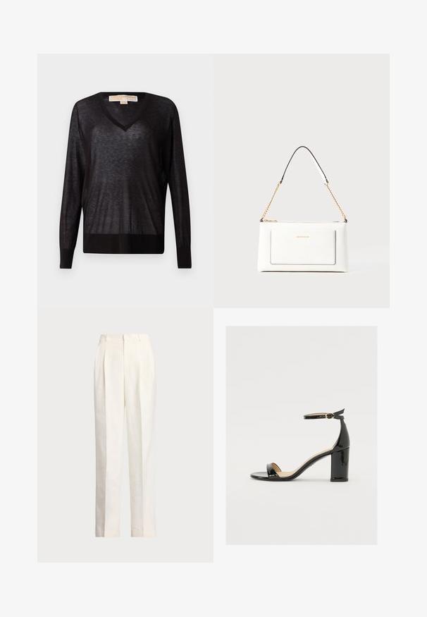 Schwarzer, leichter V-Ausschnitt-Pullover mit langen Ärmeln und geripptem Saum. Der Stoff scheint leicht durchsichtig zu sein, hat eine weiche Textur und einen lockeren Sitz.; Polo Ralph Lauren HEMP WIDE LEG PANT - Stoffhose - nevis; Schwarze Lackleder-Sandalette mit weitem Absatz, offener Zehenpartie und Knöchelriemen mit goldener Schnalle. Glatte Textur und elegantes Design.; Weißes Lederhandtasche mit strukturierter Oberfläche, ausgestattet mit einem goldenen Kettenriemen und schwarzen Akzenten. Enthält eine Fronttasche und einen Reißverschluss.