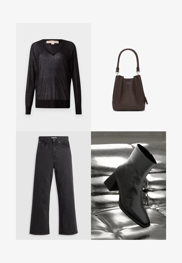 Zwarte, lichtgewicht V-hals trui met lange mouwen en geribbelde zoom. Stof lijkt licht transparant met een zachte textuur en een relaxte pasvorm.; Zwarte denim wijde-spijkerbroek met een hoge taille, vijf zakken en een metalen knoopsluiting. De stof heeft een gladde, licht vervaagde textuur.; Zwarte enkellaarsjes van glanzend materiaal met een vierkante neus en taps toelopende hak, afgezet tegen een glanzende zilveren gecapitonneerde achtergrond.; Carlheim ADALINE - Handtas - brown