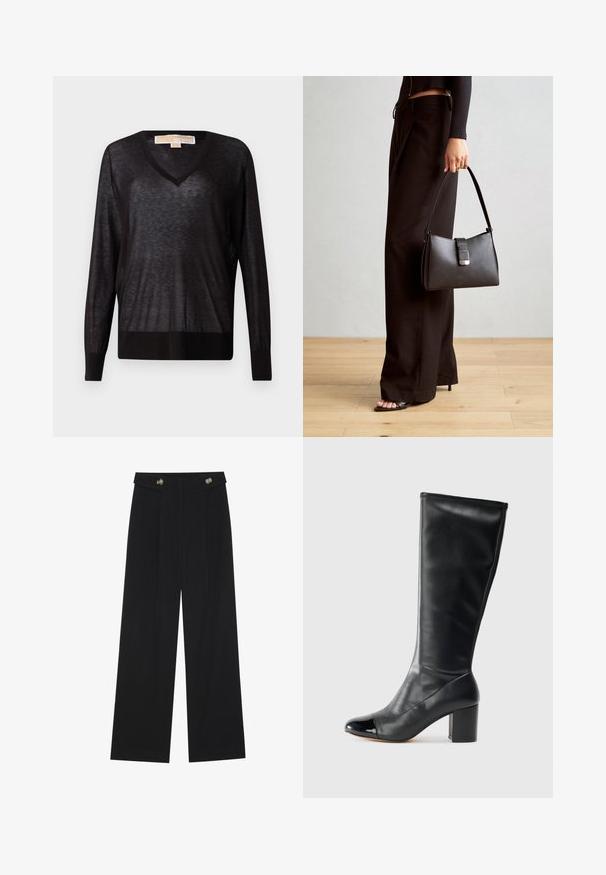 Crni, lagani pulover s V-izrezom, dugim rukavima i rebrastim rubom. Tkanina izgleda pomalo prozirno, s mekom teksturom i opuštenim krojem.; Crne hlače širokih nogavica s visokim strukom, s dugmadi na pojasu i prednjim nabora.; Crne kožne čizme do koljena s kvadratnim vrhom, sjajnim crnim patentnim vrhom i blok potpeticom. Glatka tekstura i elegantan dizajn kroz cijelu čizmu.; Crna torba s oblikom koji sadrži strukturu, glađu teksturu i metalnu kopču. Uparena s širokim crnim hlačama i sandalama na otvorenom s drvenog poda.