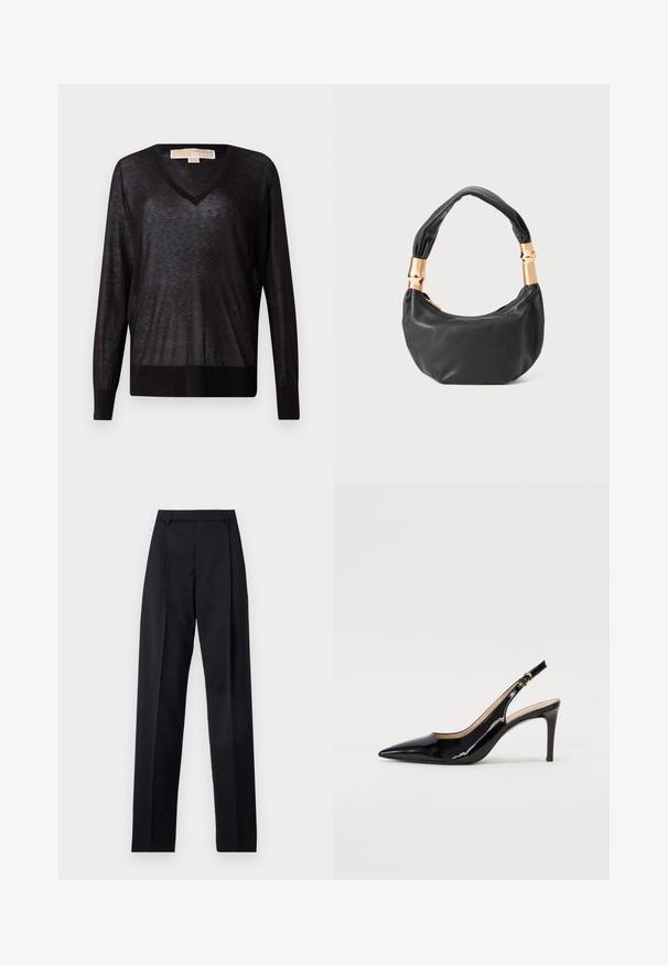 Zwarte, lichtgewicht V-hals trui met lange mouwen en geribbelde zoom. Stof lijkt licht transparant met een zachte textuur en een relaxte pasvorm.; Zwarte broek gemaakt van gladde stof met een hoge taille, wijde benen, voorplooien en klassieke ceintuurlussen. Geen zijzakken zichtbaar.; Zwarte gepatineerde leren slingback pump met een puntige neus, slanke hak en een subtiel uitgesneden ontwerp. Bevat een gouden gesp op de band.; Zwarte leren handtas met een ronde vorm, zachte textuur en een geknoopt handvat met gouden hardware accenten. Met rits sluiting.