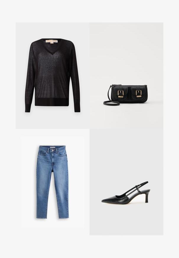 Must värv, kerge V-kaelusega kampsun pikkade varrukate ja soonikuga äärisega. Kanga välimus on veidi läbipaistev, pehme tekstuuriga ning lohakas lõikega.; Sinine kõrge vöökohtadega naiste teksapüksid, millel on ees nööp ja lukuga sulgemine, vöölõõrid ja viie tasku disain, valgel taustal.; Mustmust paelad, millel on terav varvas, tekstuuriga maduprindiga, reguleeritav rihm ja lühike tekstuuriga plokknina.; Must küllastamata nahast õlakott, millel on kaks esist nähtavat taskut, kuldsed pandlad, tõmblukuga sulgemine ja peen rihm. Tekstuuriga pind ja kompaktne ristkülikukujuline kuju.; Kuldtoonilised metallist rõngas kõrvarõngad, millel on kõver ja piklik kuju. Omavad siledat, läikivat pinda ja ümarat tipptugevdust, mis lisab detaili.