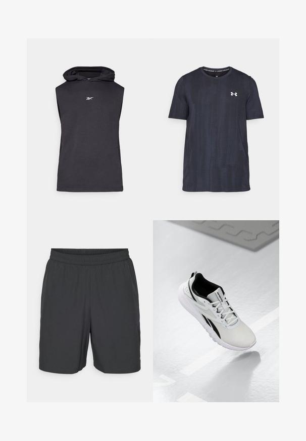 Reebok BASKETBALL HOODIE - Džemperis su gobtuvu - black; Tamsiai mėlyna trumpomis rankovėmis marškinėliai, pagaminti iš kvėpuojančio audinio, su tekstūruoto rašto ir balta Under Armour logotipu ant krūtinės.; Champion TRAINING SHORTS - Sportiniai šortai - black; Šviesiai pilki sportiniai batai su juodais akcentais, tekstūruota tinklinė viršutinė dalis, paminkštintas padas ir raišteliais užsegamas užsegimas. Yra kulno traukimo kilpelė.