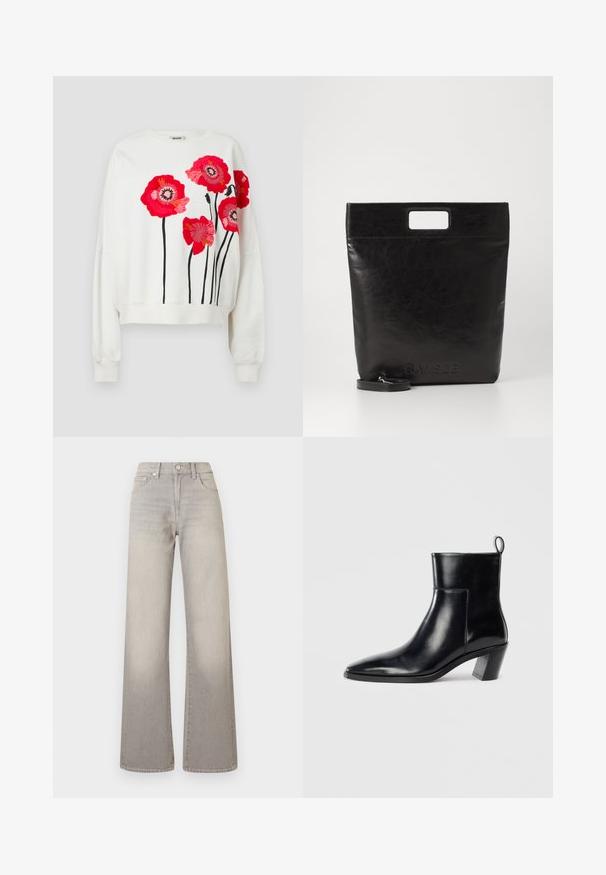 White sweatshirt with long sleeves and a cropped hem, featuring vibrant red and pink embroidered flowers and black stems.; Gray wide-leg jeans with a faded finish, button closure, five-pocket design, and stitched detailing along the seams.; Black leather ankle boot with a pointed toe, a geometric stacked heel, and a pull tab at the back. Smooth texture and sleek design.; Black leather tote bag with a square handle, featuring a textured finish and embossed logo. Includes a detachable strap.