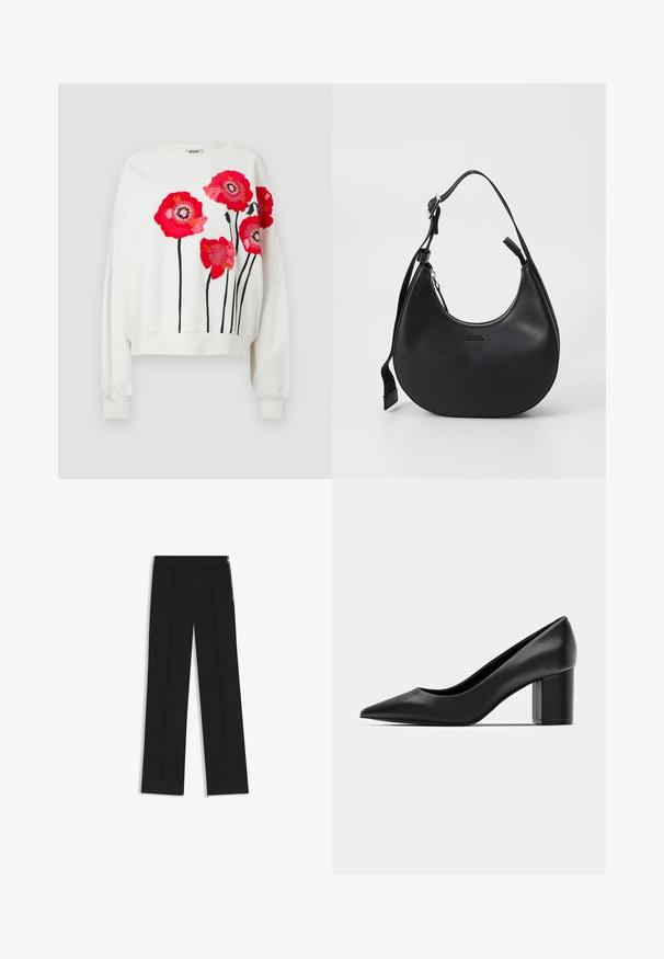 Sweatshirt bianco con ricamo di vivaci fiori di papavero rossi e steli neri. Vestibilità ampia, scollatura rotonda e polsini a costine sulle maniche.; Pantaloni neri a gamba larga con due pieghe frontali, vita elasticizzata e zip laterali per dettagli. Texture liscia e design minimalista.; Decolleté in pelle nera con punteggiatura e tacco quadrato spesso. Texture liscia, design semplice, adatto per ambienti formali.; Borsa a spalla in pelle nera con forma curva, chiusura con zip e tracolla regolabile. Presenta il logo del marchio impresso sulla parte anteriore.