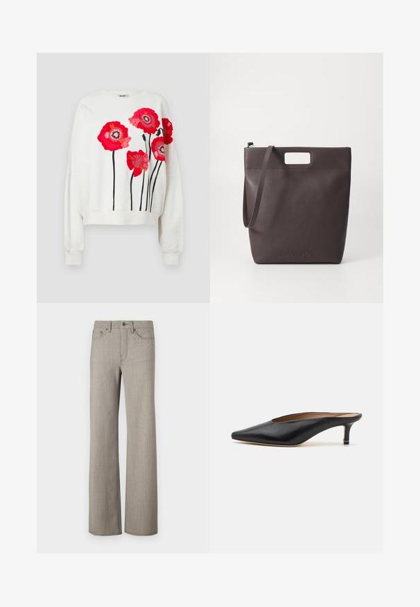 Biała bluza z wyszywanym wibrującym czerwonym makiem i czarnymi łodygami. Luźny krój, okrągły dekolt i ściągacze przy rękawach.; Szerokie spodnie w jasnoszarym, teksturowanym materiale o gładkim wykończeniu. Posiadają zapięcie na guzik oraz pięć kieszeni.; Czarne skórzane klapki z ostro zakończonym noskiem i niskim, prostokątnym obcasem. Gładka faktura z eleganckim wzornictwem. Otwarty tył z minimalnymi detalami.; Samsøe Samsøe JENNIE ciemnobrązowy