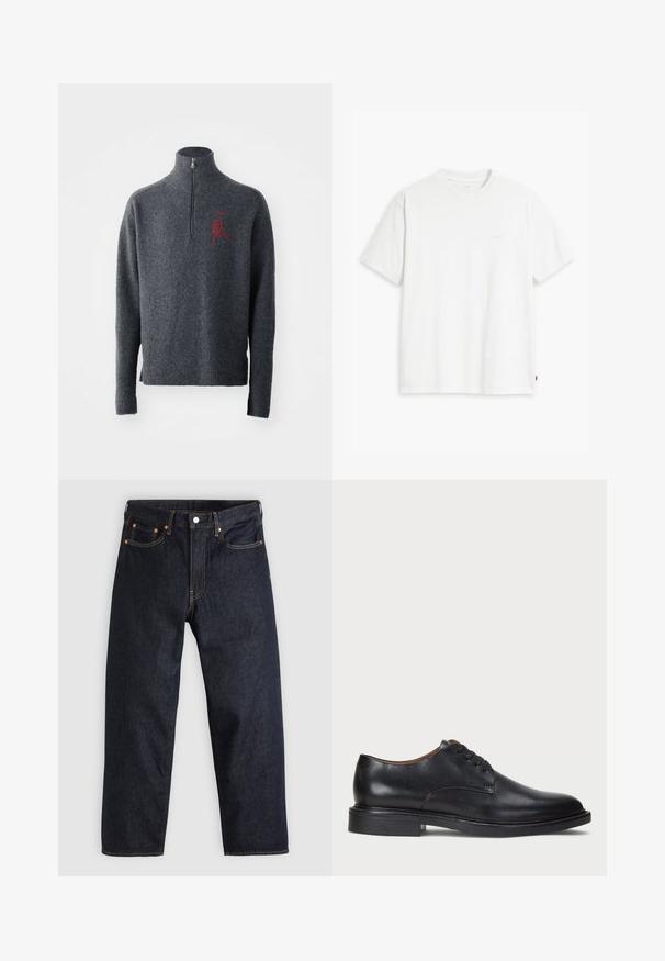 Szary wełniany sweter z wysokim kołnierzem i półzamkiem. Posiada czerwony haftowany detal na piersi oraz ściągacze przy mankietach i u dołu.; Biała bawełniana koszulka z krótkim rękawem, okrągłym dekoltem i dyskretnym logo Levi's nadrukowanym na środku. Miękka tekstura i standardowy krój.; Granatowe dżinsy w prostym kroju, z pięcioma kieszeniami, kontrastującymi pomarańczowymi szwami oraz zapięciem na guzik. Brak widocznych wzorów lub zdobień.; Czarne skórzane buty wizytowe z okrągłym noskiem, sznurowanym zapięciem i niskim, warstwowym obcasem. Gładka faktura z minimalnymi detalami stębnowania.