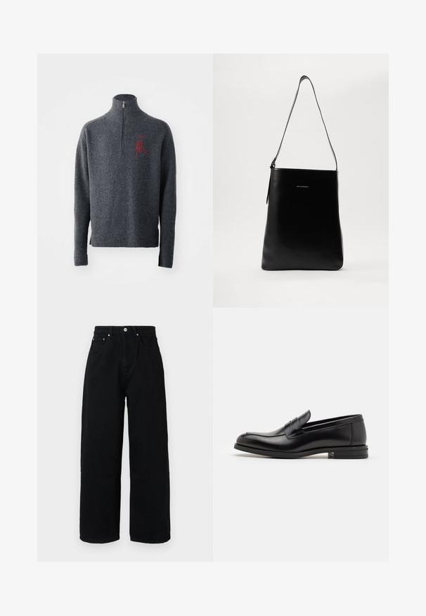 Suéter de lã cinza com gola alta e meio fecho. Apresenta detalhe bordado vermelho no peito e punhos e bainha canelados.; Calças largas pretas em algodão, com cintura alta, bolsos frontais, botão em tom prateado e bainha limpa.; Mocassins de couro preto com uma textura suave, bico arredondado e uma faixa decorativa sobre o peito do pé. Salto baixo e empilhado, design minimalista.; Bolsa de ombro preta em couro com uma textura suave, forma retangular e uma alça longa; apresenta um pequeno logo branco ao centro.