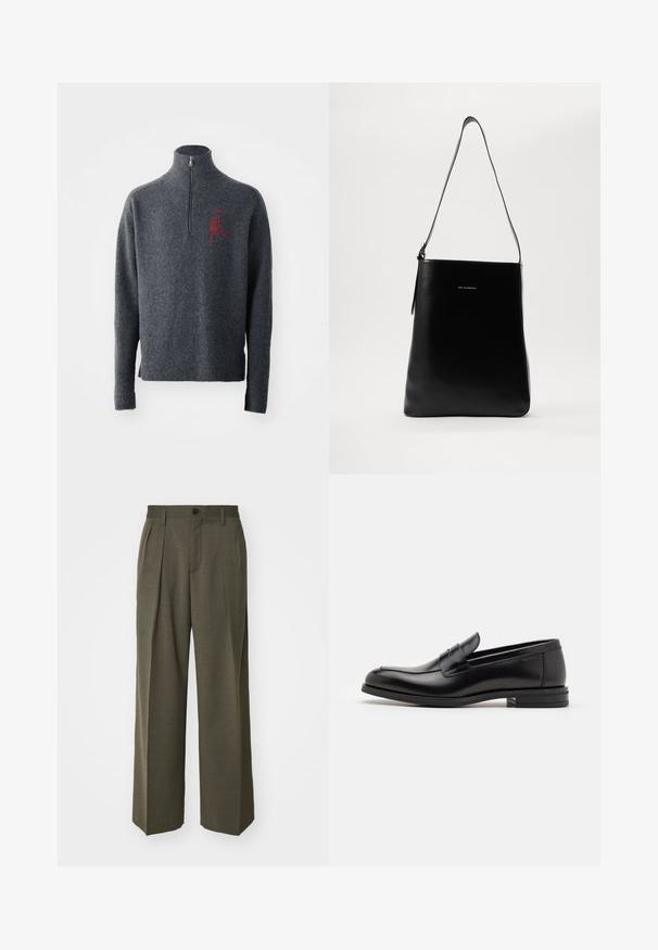 Sivi vuna pulover s visokim ovratnikom i polu-zatvaračem. Ima crveno vezene detalje na prsima i rebraste manžete i rub.; Filippa K WIDE TROUSERS - Hlače - driftwood; Crni kožni mokasini s glatkom teksturom, zaobljenim prstima i ukrasnom trakom preko prednjeg dijela. Niski slojeviti potplat, minimalistički dizajn.; Crna kožna torba preko ramena s glatkom teksturom, pravokutnim oblikom i dugim remenom; ima mali bijeli logo u sredini.