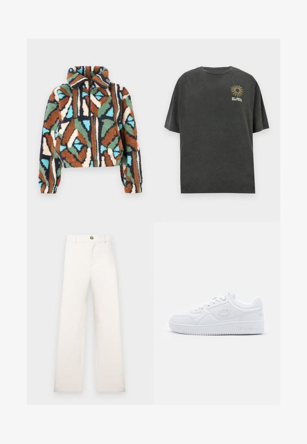 Fuzzy zip-up jacket featuring a geometric pattern in shades of brown, green, blue, and cream. Collared design with elasticized cuffs.; Dark gray cotton t-shirt, oversized fit, short sleeves, round neckline, features a sun graphic and “BILLABONG” text in golden embroidery.; Wide-leg, beige trousers made of textured fabric. Features a front button closure and belt loops. Simple, clean design with no patterns.; White sneaker made of smooth synthetic material, featuring round toe, flat sole, and subtle logo accents on the sides. Classic low-top design.