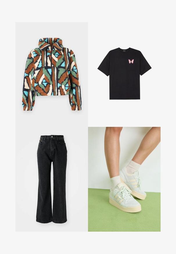 Měkká bunda na zip s geometrickým vzorem v odstínech hnědé, zelené, modré a krémové barvy. Límcový design s elastickými manžetami.; Černé bavlněné tričko s krátkým rukávem, na levém prsou s malou grafikou růžové motýlky. Design s kruhovým výstřihem a volným střihem.; Černé džíny z denimu s vysokým pasem, širokým střihem a prošívanými detaily. Obsahují pět kapes a knoflík na pase.; Světle zelené tenisky s texturovaným povrchem, vybavené třemi bílými pruhy, krémovou gumovou podrážkou a šněrováním. Nosí se s světlými ponožkami.