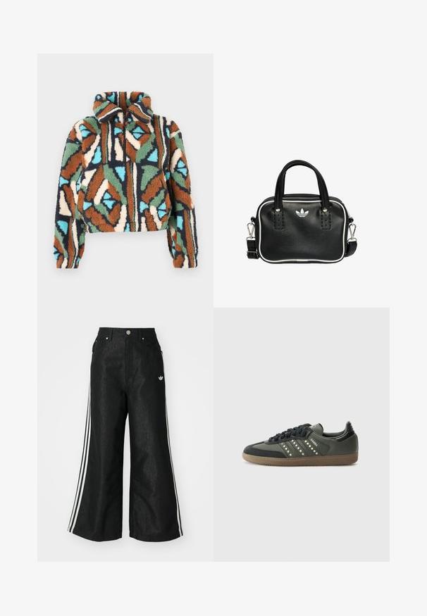 Fuzzy zip-up jacket featuring a geometric pattern in shades of brown, green, blue, and cream. Collared design with elasticized cuffs.; Black wide-leg denim pants with three white stripe accents on each side and a small white logo. Features front pockets and a button closure.; adidas Originals SAMBA OG - Trainers - core black/legend earth/gum; Black leather handbag with two short handles, silver hardware, white accents, and a white logo. Features a textured surface and compact design.