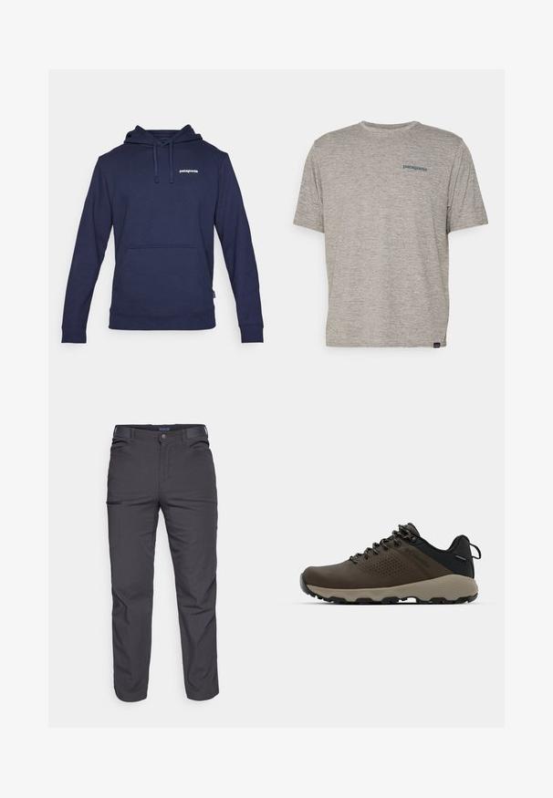 Tamsiai mėlynas džemperis su minkšta medžiaga, su priekyje esančia kišenę, gėlėmis gaunamais rankovėmis ir su virvute reguliuojamu gobtuvu. Mažas baltas logotipas ant krūtinės.; Pilkas trumpas rankovės marškinėliai, pagaminti iš minkštos, tekstūruotos medžiagos, ant kairiojo krūtinės puikuojasi mažas mėlynas Patagonia logotipas. Be papildomų raštų.; Tamsiai pilki kelnės, pagamintos iš patvarios medžiagos, su užtrauktuku užsegamu kišeniu, tiesiu kirpimu ir diržo kilpom pritaikytiems dydžiams.; Rudi nepralaidūs sportbačiai su tekstūruota viršutine dalimi, perforuotomis detalėmis, juodu kulno palaikymu ir pilku guminio padu. Šniūreliai yra dekoruoti metaliniais galais.