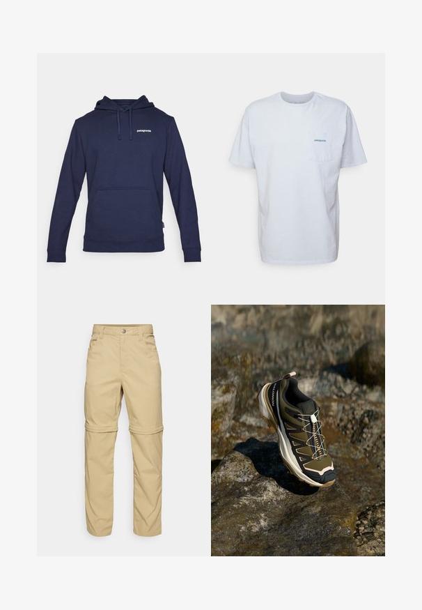 Tmavě modrá mikina z měkké látky, s přední kapsou, žebrovanými manžetami a kapucí na šňůrku. Malé bílé logo na hrudi.; Bílá bavlněná tričko s krátkými rukávy, kulatým výstřihem a kapsou na levé straně hrudi, která má modré logo "Patagonia". Klasický střih s hladkou strukturou.; Béžové kalhoty se zipem, hladkého povrchu, s dvěma bočními kapsami, knoflíkovým zapínáním a ohrnovacími manžetami pro všestranné použití.; Trekové boty v olivově zelené a černé barvě s růžovými detaily. Mají texturovaný svršek, flexibilní podrážku, vyztuženou špičku a barevný systém šněrování.
