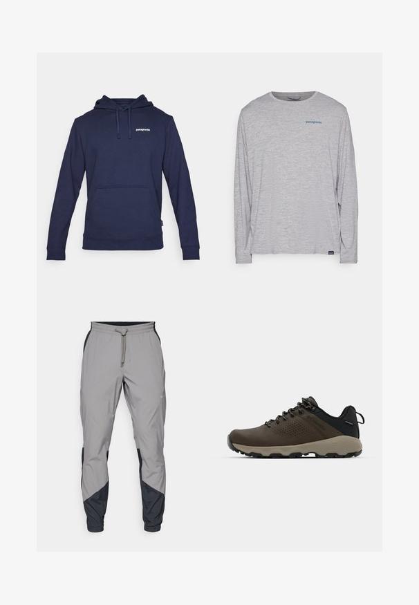 Marinblå huvtröja i mjukt tyg, med en framficka, ribbad mudd och dragsko i huvan. Litet vitt logo på bröstet.; Ljusgrå t-shirt med långa ärmar gjord av mjukt, texturerat tyg. Har en rund hals och en liten blå Patagonia-logotyp på bröstet.; Lätta, grå träningsbyxor med svarta detaljer. Elastisk midja, dragsko stängning, tapered design och sidofickor.; Bruna vattentåliga sneakers med en strukturerad ovandel, perforerade detaljer, svart hälstöd och en grå gummisula. Snörningen har metalliska ändar.