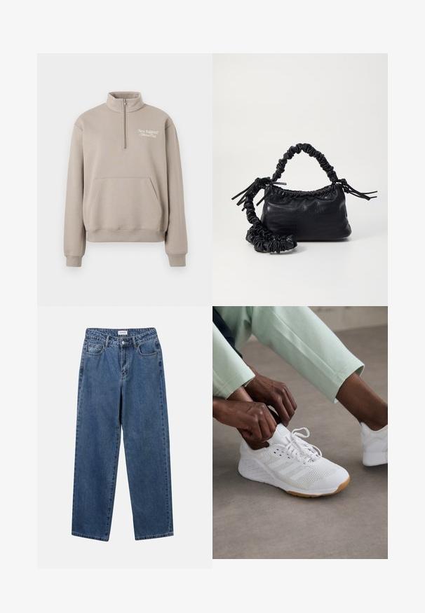Sweatshirt beige avec un col demi-zip, poche kangourou à l'avant, poignets et ourlet côtelés, avec un logo blanc sur la poitrine gauche.; Jean en denim bleu classique avec une coupe droite, cinq poches et une fermeture par bouton. Présente un lavage moyen et une texture robuste.; Chaussure de sport blanche avec une tige en maille, semelle en caoutchouc et un design à trois bandes. Les lacets sont en train d'être ajustés ; des vêtements gris clair et vert menthe sont visibles.; Sac à main en simili cuir noir avec une texture crocodile, un dessus resserré et une sangle froncée. A l'apparence douce et compacte.