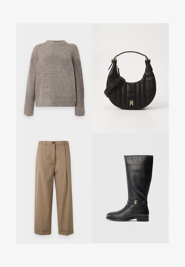 Grå, tekstureret sweater med rund halsudskæring og lange ærmer, der har en løs pasform og blødt strikket materiale. Ingen synlige mønstre eller detaljer.; Brune, brede bukser med flad front og plisseringer, knaplukning og oprettede manchetter, lavet af glat stof.; Sorte læder knæhøje støvler med en glat tekstur, lille guldbeslag detalje, rund tå og en lav stabelhæl. Enkel, strømlinet design.; Sort læderhandtaske med en bøjelig form, kviltet tekstur og guld hardware. Har en aftagelig skulderrem og logo-detalje.