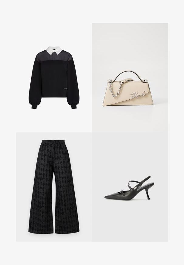 Sudadera negra con diseño de camisa de cuello blanco en contraste. Presenta un panel superior texturizado y mangas globo, con detalles de logo.; Pantalones negros de pierna ancha con un patrón texturizado, que cuentan con una cintura alta, bolsillos frontales y un cierre de botón oculto. Acabado de tejido suave.; Tacones slingback de cuero negro con punta afilada, tacón delgado y detalle decorativo de hebilla en la parte superior. Textura suave y diseño elegante.; Bolso de mano de cuero beige con una forma triangular estructurada, que cuenta con un asa de cadena plateada y un logotipo en cursiva de metal.