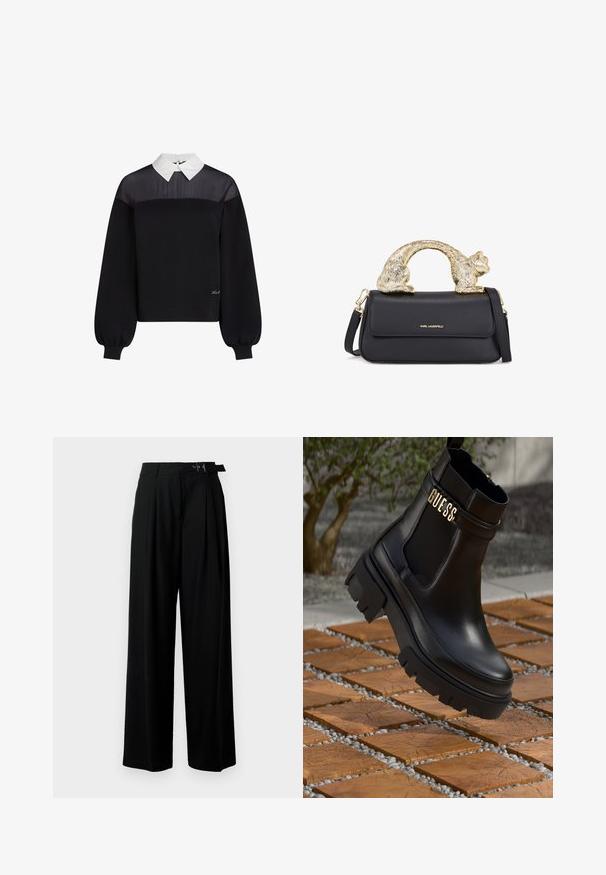 Svart genser med hette med design av en kontrasterende hvit krageskjorte. Har teksturert øvre panel og ballongsleeves, med logodetalj.; Svarte vide bukser med høy livlinje, folder foran og belte med spenne. Laget av glatt, lett materiale.; Svarte lær ankelstøvler med en kraftig gummisåle, elastiske sidestykker og et gullfarget detalj med "GUESS"-merke.; Svart lærveske med et gullfarget kattformet håndtak, med en frontklaff, justerbar stropp og logo detalj på den nedre fronten.