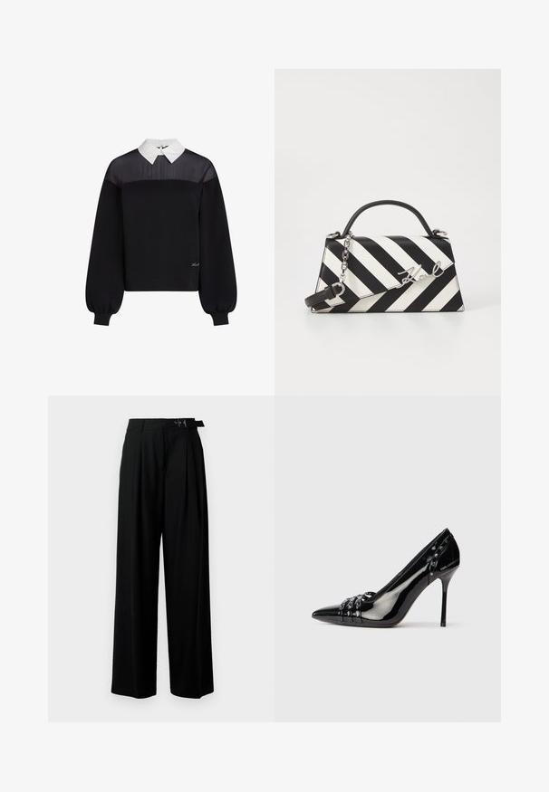 Črn pulover s kapuco, zasnovan s kontrastnim belim ovratnikom. Značilna je teksturirana zgornja panela in balonske rokave, z detajli logotipa.; Črne široke hlače z visokim pasom, gubami spredaj in pasom z zaponko. Narejene so iz gladkega, lahkega materiala.; Črne patentirane usnjene stiletto pete z izostrenim nosom, tremi dekorativnimi pasovi s studenci in blagovno znamko "Karl Lagerfeld" na peti.; Črna in bela črtasta torbica z obliko s strukturirano obliko, s top ročajem, odstranljivo verižico in kovinskim logotipom.