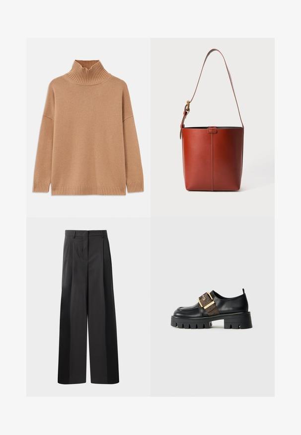 Bež turtleneck pulover z ribanjem, oversized oblikovanje, z spuščeni rameni in teksturiranim pletenjem. Ima raven rob in stranska razporka.; Črne široke hlače z visokim pasom, z oblikovanimi pregibi spredaj, gladko teksturo in natančno dodelavo. Oblikovane za sproščen fit.; Črne usnje čevlje z debelim podplatom, opremljeni z zlatim zaponcem in teksturiranim rjavim poudarkom. Okrogla konica in minimalističen dizajn.; Rjava usnjena torba v obliki vedra z nastavljivim ramenskim trakom in zlatim sponko, preprosta navpična šivna podrobnost spredaj.