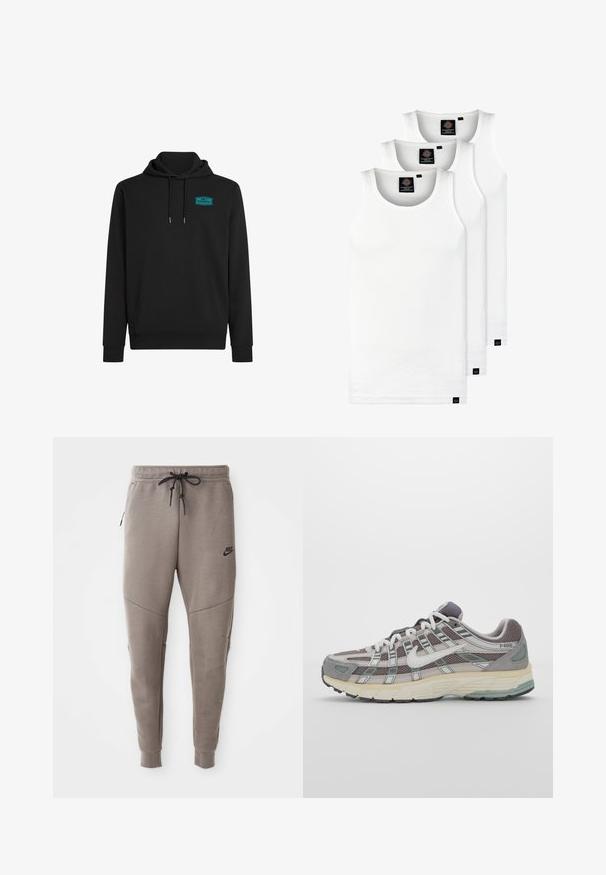 Zwarte hoodie van een katoenmix, met een voorzak, capuchon met trekkoord en een turquoise logo patch op de bovenste linker borst.; Drie witte geribde tanktops van katoen. Kenmerken zijn een ronde hals en kleine zwarte labels nabij de zoom. Verkrijgbaar in meerdere maten.; Grijze Nike-sweatpants met een verstelbare tailleband, taps toelopende benen, zijzakken en opvallende naaddetails. Zachte, gestructureerde stof.; Grijze sportieve schoen met een bovenwerk van mesh en suede, witte accenten, een gevoerde zool en een onderscheidend ontwerp met reflecterende elementen.
