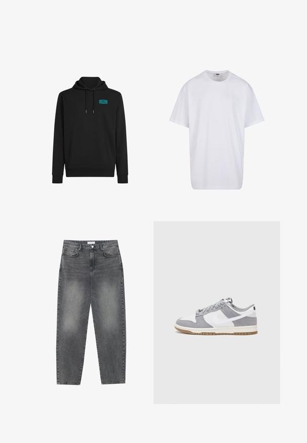 Melna kapuce, izgatavota no kokvilnas maisījuma, ar priekšējo kabatu, stringa kapuci un tirkīza logo piegriezumu augšējā kreisajā krūtī.; Balta kokvilnas T-kreklu ar īsām piedurknēm, apaļu kakla izgriezumu, brīvu piegriezumu un bez redzamām logo vai rakstiem. Gluda tekstūra un minimālistisks dizains.; Augsta vidukļa, platā stila džinsi izbalējušā melnā denima. Ar pieciem kabatām, jostas cilpām un tīru, taisnu kāju dizainu.; Pelēki un balti sporta apavi ar zamšādas un ādas virsu, noapaļota purngala, plakaniem šņorēm un gumijas zoli ar gumijas akcentu.