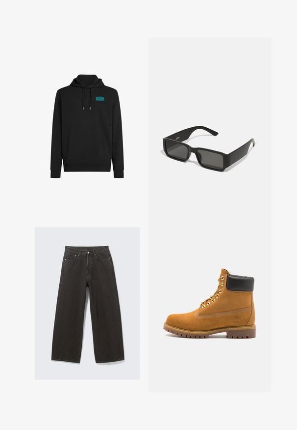 Čierna mikina s kapucňou vyrobená z bavlneného zmesi, s prednou vreckom, šnúrkou na kapucni a tyrkysovým logom na hornej ľavej strane hrude.; Široké čierne deniminové džínsy majú vysoký pás, dizajn s piatimi vreckami a zapínanie na gombík. Tkanina má mäkký, textúrovaný povrch.; Tyrkysové semišové členkové topánky s čiernym polstrovaným golierom, zlatými kovovými očkami, bielym prešívaním a robustnou gumovou podrážkou s výraznými drážkami.; Čierne slnečné okuliare s obdĺžnikovými šošovkami, matný plastový rám a rovné hrany. Obsahujú logo značky na vnútornej strane ramenka.