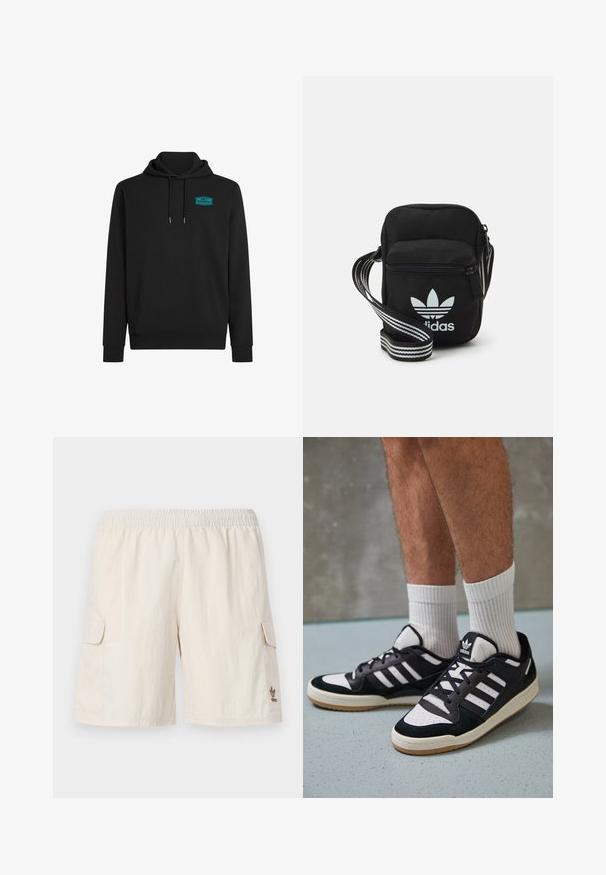 Schwarzer Kapuzenpullover aus Baumwollmischung mit einer Fronttasche, Kordelzugkapuze und einem türkisfarbenen Logo-Patch auf der linken oberen Brust.; Beige Cargo-Shorts mit elastischem Bund, zwei Seitentaschen und einem kleinen Logo auf der unteren rechten Seite. Glattes, leichtes Material.; Schwarz-weiße Sneaker mit einem Obermaterial aus Wildleder und Leder, ausgestattet mit drei weißen Streifen, einer perforierten Zehenpartie und einer Sohle aus Gummi.; Schwarze Umhängetasche aus Stoff mit Reißverschluss, ausgestattet mit einem weißen Adidas-Logo und einem gestreiften, verstellbaren Tragegurt für einfachen Transport.