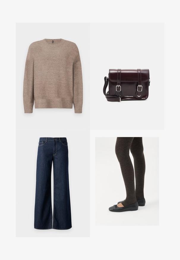 Beiger Strickpullover mit rundem Halsausschnitt, langen Ärmeln, geripptem Saum und Bündchen, mit einer weichen, strukturierten Oberfläche.; Weite Jeans in dunkelblauem Denim. Merkmale sind kontrastierende Nähte, fünf Taschen und ein Knopfverschluss an der Taille. Glatte Textur.; Schwarze flache Schuhe mit einem kleinen Schleifendetail an der Zehe, kombiniert mit dunkelbraunen gerippten Strumpfhosen. Die Schuhe haben eine glatte Textur und ein niedriges Profil.; Burgunderfarbene Patelleder-Crossbody-Tasche mit rechteckiger Form, zwei Riemen, silberfarbener Hardware und einem Klappenverschluss.