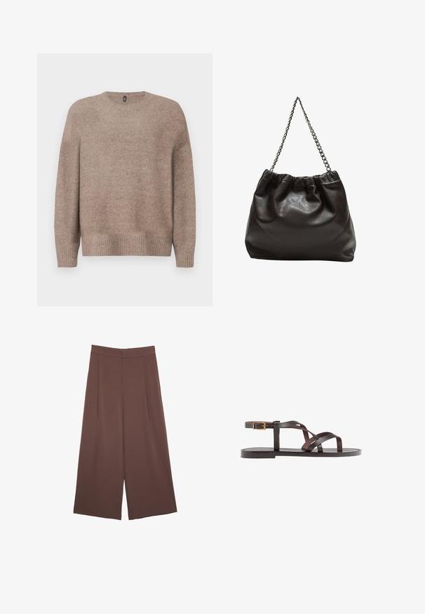 Beige gebreide trui met een ronde halslijn, lange mouwen, geribbelde zoom en manchetten, met een zachte, textuurafwerking.; Bruine wijde broek met een gladde textuur, voorzien van een hoge taille en plooien aan de voorkant. De stof is lichtgewicht en valt losjes.; Bruine leren sandaal met kruisingen van banden, een enkelgesp-sluiting en een platte zool met minimale stikdetails.; Bruine leren tas met een geplooide bovenkant en een kettinghengsel. Glad textuur met een glanzende afwerking en subtiele naaddetails aan de zijkanten.