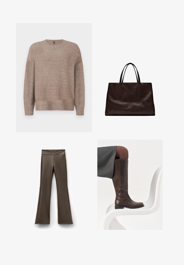 Beige striktrøje med rund hals, lange ærmer, ribbet kant og manchetter, der har en blød, struktureret overflade.; Brune faux læder flared bukser med en høj talje, der har en glat tekstur og en ren, tætsiddende silhuet.; Brun læder knæhøj støvle med afrundet tå, glat tekstur og minimale syningsdetaljer, sat mod en lys baggrund på en hvid stol.; Massimo Dutti Håndtasker - brown