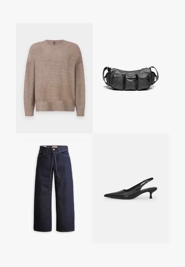 Maglione beige lavorato a maglia con scollo rotondo, maniche lunghe, orlo e polsini a coste, caratterizzato da una finitura morbida e texturizzata.; Jeans in denim scuro a gamba larga con vita alta, dotati di un laccio, cinque tasche e dettagli di cucitura a contrasto.; Scarpa slingback nera in pelle con punta affusolata e tacco sottile e curvato. Presenta una discreta fascia regolabile con una fibbia in metallo.; Borsa a tracolla in pelle nera con una finitura testurizzata. Presenta tre tasche esterne e una tracolla regolabile. Forma compatta e arrotondata.