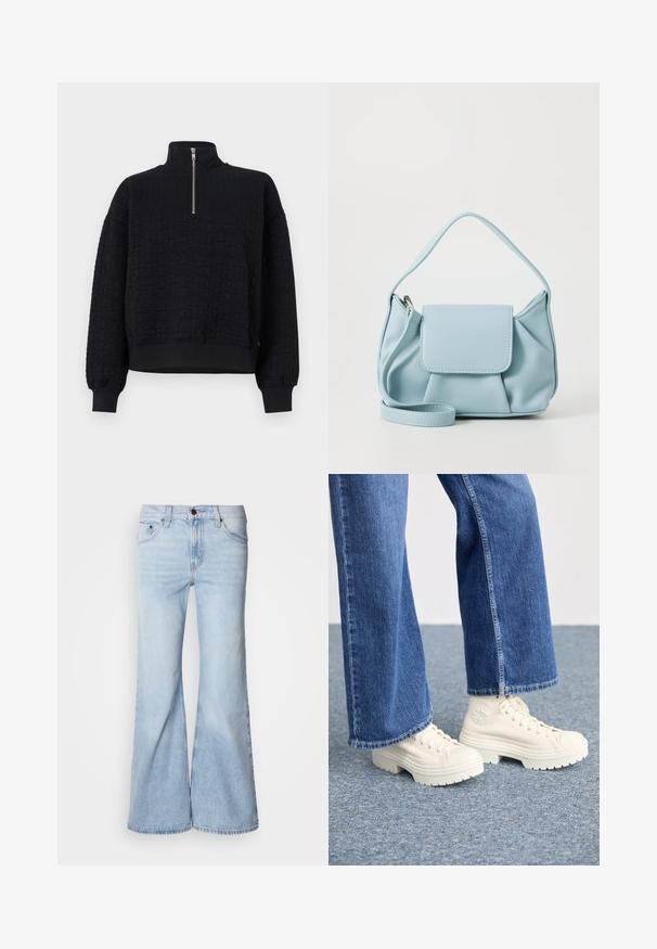 Black pullover sweatshirt with a high collar, quarter zip, textured floral pattern, dropped shoulders, and ribbed cuffs.; Light blue flared jeans, featuring a high waist, denim fabric, five pockets, and a button closure. The legs are wide and have a slightly faded finish.; White high-top sneakers with thick, ridged soles and circular logo detail, worn with light blue, wide-leg denim jeans.; Light blue leather handbag with a top handle, front flap pocket, and detachable wrist strap on a white background.
