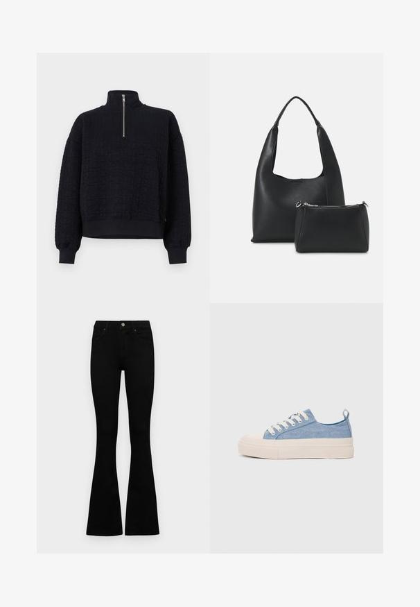 Sweatshirt preto com gola alta, fecho de zíper de um quarto, padrão floral texturizado, ombros caídos e punhos canelados.; Jeans pretos de cintura alta com fecho de botão e zíper, bolsos frontais e pernas largas dispostos em cima de um fundo branco.; Ténis de lona azul claro com uma biqueira e sola de borracha creme, apresentando atacadores brancos e uma alça na parte de trás.; Even&Odd Mala de mão - black