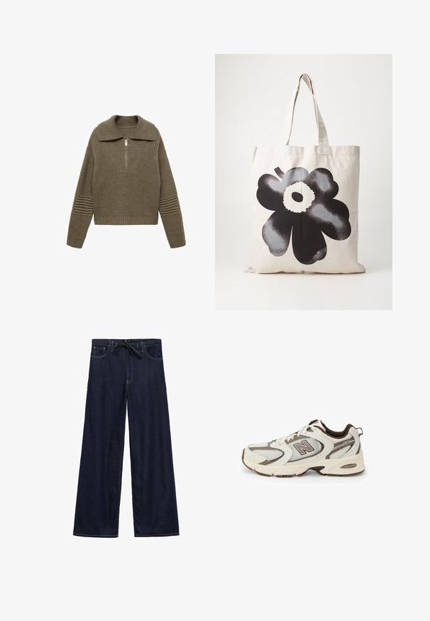 Knit sweater in olive green with a wide collar, half-zip front, and ribbed details on the sleeves and hem. Textured fabric with a fitted silhouette.; Wide-leg dark blue denim trousers with a drawstring waistband, featuring yellow stitching and five-pocket design.; White and brown athletic shoe with mesh upper, curved design, cushioned sole, and "N" logo on the side. Durable rubber outsole.; Canvas tote bag in light beige with a large, bold black flower design; features sturdy handles and a textured fabric surface.