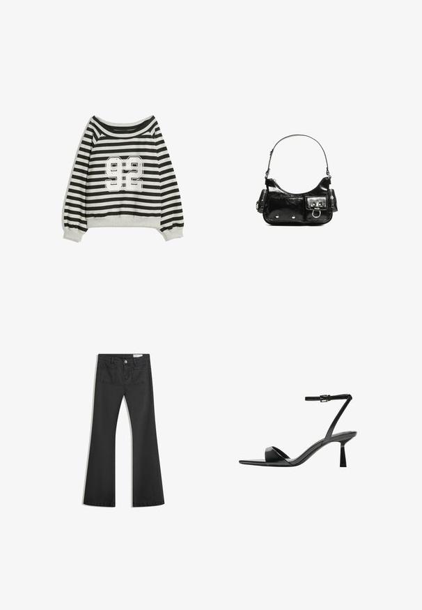Csíkos pulóver fekete és szürke színben, az egyik vállról lelógó fazonban, a mellrészen feltűnő, fehér "92" printtel. Puha tapintás, felhajtott ujjak.; Fekete, sima textúrájú farmer flare nadrág, két hátsó zsebbel és gombos derékkal.; Bershka Magas sarkú szandálok - black; Fekete lakkbőr kézitáska ívelt formával, egy vállpánttal, elülső zsebekkel és ezüstszínű fémrészletekkel.