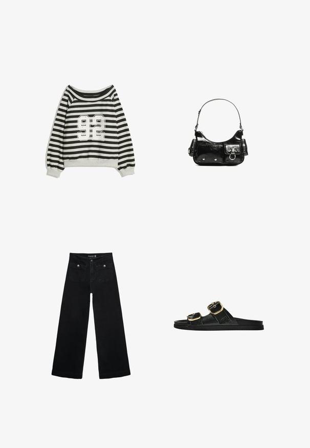 Pruhovaná mikina v černé a šedé, s designem bez ramene a výrazným bílým potiskem "92" na přední straně. Měkká textura, manžetové rukávy.; Černé široké džíny s vysokým pasem, obsahující dvě přední kapsy a kovové knoflíkové detaily. Látka má hladkou texturu.; Černé kluzné sandály s dvěma zlatými sponami, hladkým texturovaným materiálem, plochou podrážkou a minimalistickým designem.; Černá lakovaná kožená kabelka s křivkovým tvarem, jedním ramenním popruhem, předními kapsami a stříbrnými kovovými detaily.