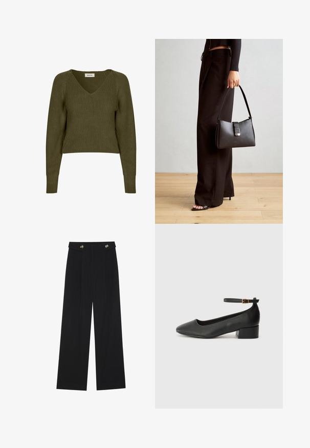 Olivza zaļa, īsta adīta džemperis ar V-veida kakla izgriezumu un garām piedurknēm. Raksturo ribota tekstūra un sānu šķēlumi, lai nodrošinātu brīvu piegriezumu.; Melnas platās bikses ar augstu jostasvietu, pogu detaļām uz jostas un priekšējām krokām.; Melnas ādas sūkņi ar smailu purngalu un zemu bloku papēdi. Iezīmēts ar potītes siksniņu ar zelta krāsas sprādzi. Gluda tekstūra.; Melnā somiņa ar strukturētu formu, gludu tekstūru un metālu sprādzi. Saskaņota ar platām melnām biksēm un sandālēm ar atvērtu purngalu uz koka grīdas.