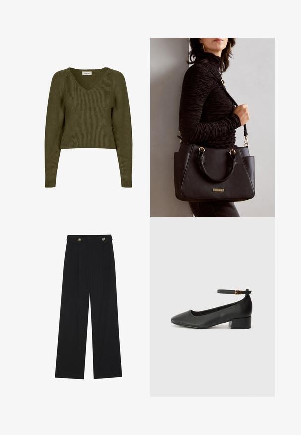 Olive green, cropped knitted sweater with a v-neck and long sleeves. Features a ribbed texture and side slits for a relaxed fit.; Black wide-leg trousers with high waist, button details on waistband, and front pleats.; Black leather pump with a pointed toe and a low block heel. Features an ankle strap with a gold-tone buckle. Smooth texture.; Black handbag with textured surface, dual top handles, and adjustable shoulder strap. Features gold-tone hardware and side pockets.
