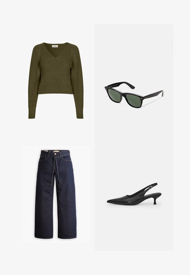 Alyvuogių spalvos, trumpas megztinis su V formos iškirpte ir ilgomis rankovėmis. Turi dryžuotą tekstūrą ir šonines įpjovas, užtikrinančias laisvą prigludimą.; Plačios kojų tamsiai mėlynos džinsinės kelnės su aukštu liemeniu, turinčios raištį, penkias kišenes ir kontrastingas siūles.; Juodos odinės slingback bateliai su smailiu nosiu ir plonu, lenktu kulnu. Yra diskretiška reguliuojama juostelė su metaliniu sagtimi.; Juodi plastikiniai saulės akiniai su žaliais objektyvais, kvadratiniais rėmeliais, sidabriniu akcentu ant antakio ir tekstūruotais šventyklų šakutėmis. Vidinėje šakutėje nurodyta prekės ženklo pavadinimas.