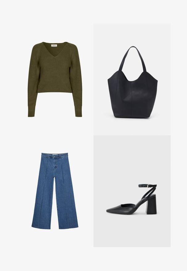 Olivengrüner, kurzer Strickpullover mit V-Ausschnitt und langen Ärmeln. Besitzt eine Rippstruktur und seitliche Schlitze für einen lässigen Sitz.; Weite Jeans aus Denim in Mittelblau, mit hoher Taille, Knopfverschluss und kontrastierenden vertikalen Nahtdetails an der Vorderseite.; Schwarze Leder-Pumps mit spitzer Zehe, einem Knöchelriemen und einem blockigen Absatz. Flache Textur, elegantes Design und minimalistische Ästhetik.; Schwarze Tote-Bag aus glattem Leder, mit einem abgerundeten, offenen Oberteil, zwei Schulterträgern und einem minimalistischen Design.