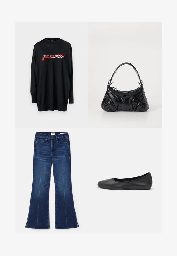 Black long-sleeve shirt featuring "THE PEOPLE?" text in red, with a crew neck and a relaxed fit. Soft fabric with slight sheen texture.; Dark blue flared jeans made from denim. Features a high waist, front pockets, and slit details at the hem. Classic five-pocket design.; Black leather ballet flat with a rounded toe, smooth texture, minimal stitching detail, and a flexible sole design.; Black handbag made of textured leather with a rounded shape. Features a thin shoulder strap and decorative embossed patterns.