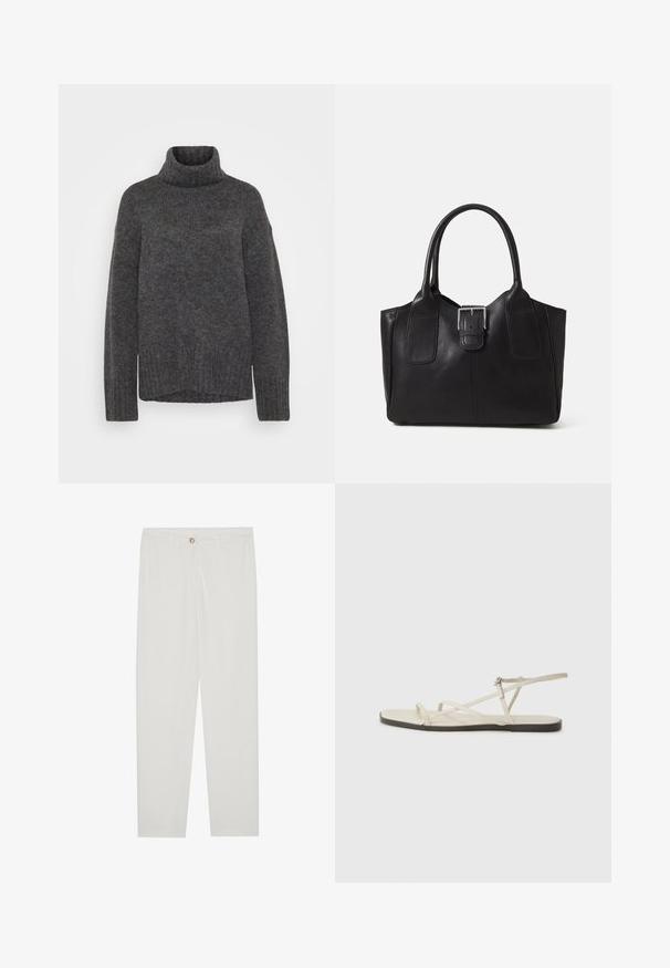 Pulôver cinza de malha com gola alta, textura canelada, mangas longas e um corte descontraído. O material parece suave e volumoso. A bainha inferior é reta.; Calças brancas, ajustadas, com um design de perna reta, apresentando um fecho de botão, passantes para cinto e bolsos laterais; textura de tecido suave.; Sandália plana bege com várias tiras finas e uma fivela ajustável. A sola é plana com um leve contraste escuro na borda.; Bolsa tote de couro preta com textura suave, forma estruturada, duas alças e um destaque prateado proeminente na parte da frente.