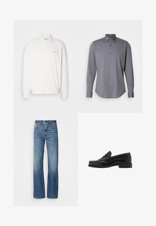 White cotton polo shirt with long sleeves, folded collar, and embroidered logo on the left chest. Relaxed fit with ribbed cuffs.; Gray long-sleeve button-up shirt made of smooth cotton. Features a classic collar and rounded hem with six dark buttons along the front.; Blue denim jeans with a straight-leg cut, high waist, and subtle fading. Includes a button and zipper closure, and classic five-pocket design.; Black leather loafers with a smooth finish, stitched detailing on the toe, and a low heel design for comfort and style.