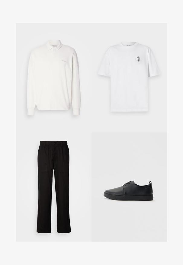 Polo shirt bianco in cotone con maniche lunghe, colletto arricciato e logo ricamato sul lato sinistro del petto. Vestibilità comoda con polsini a costine.; T-shirt in cotone bianco con vestibilità rilassata, presenta un piccolo logo grafico nero nella zona sinistra del petto. Maniche corte, collo a giro.; Pantaloni neri con vestibilità morbida, realizzati in tessuto leggero. Presentano un elastico in vita, chiusura con bottone e due tasche anteriori.; Sneaker in pelle nera con finitura liscia, punta arrotondata, cuciture tono su tono, chiusura con lacci frontale e suola piatta in gomma. Anello sul tallone.