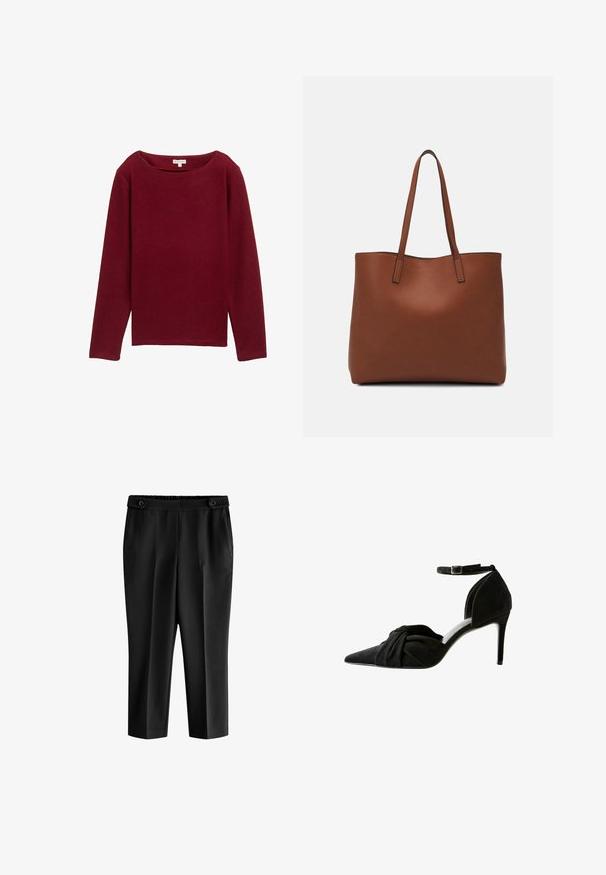 Pull en maille côtelée bordeaux à manches longues avec un décolleté large et un ourlet droit. Pas de quincaillerie ni de motifs visibles.; Pantalons noirs cropped avec une coupe décontractée, taille élastique et deux poches avant. Le tissu a une texture lisse avec une finition légèrement brillante.; Chaussure à talon haut en daim noir avec bout pointu, détail de noeud à l'avant et bride de cheville. Présente un talon aiguille fin et un design élégant.; Sac fourre-tout en cuir marron avec une texture lisse, design à ouverture supérieure et deux poignées pour le porter à l'épaule. Présente des coutures minimales et aucun matériel visible.